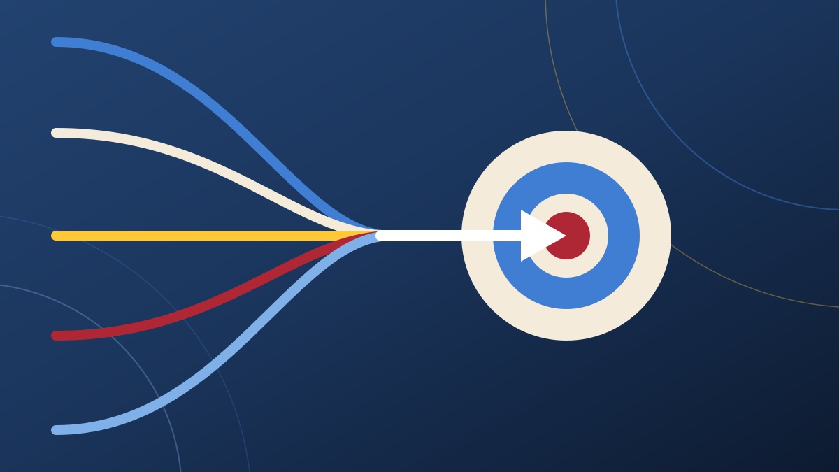 Scattered messages converging into one arrow hitting a bullseye, representing the Positioning & Messaging Sprint.